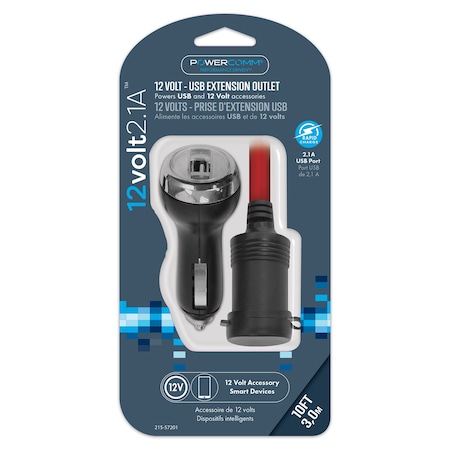 Powercomm 12v 10ft Extension Outlet 1-Port & 2.1a USB 215-57201